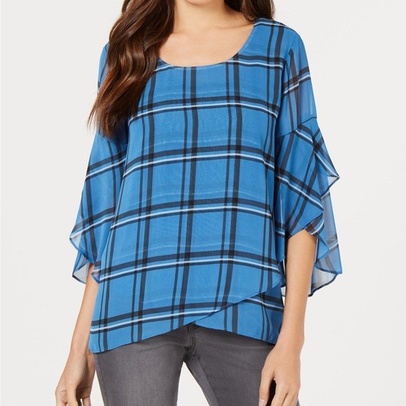 Style Co Ruffled Sleeve Front Crossover Plaid Blouse Top,  Cerulean, Women's XS - Picture 1 of 6